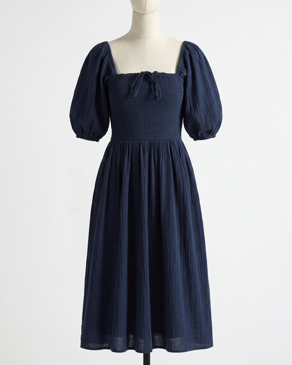 100% Organic Cotton Gauze Smocked Square Neck Midi Dress